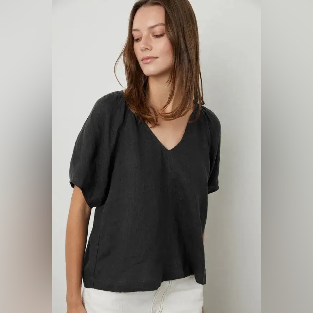 Velvet By Graham & Spencer Callin Puff Sleeve Linen Top in Black